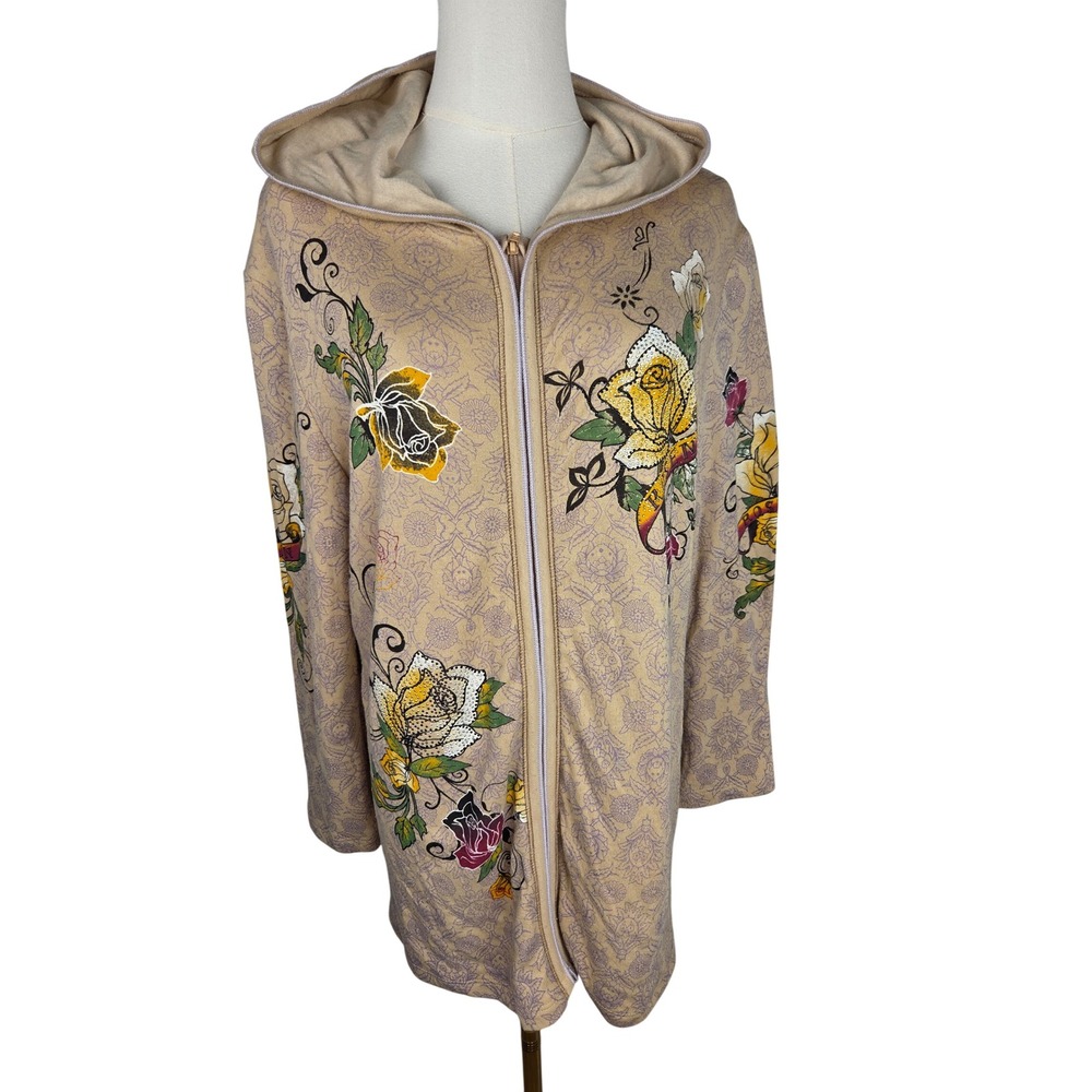 VTG Vanilla Sugar Zip Hoodie XL Tan Floral Rhinestone Tattoo Art Y2K McBling